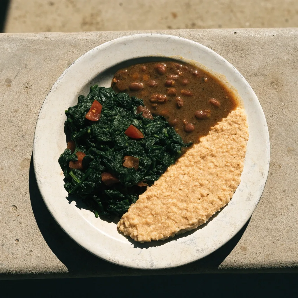One plate divided into a large portion of spinach and tomato, a smaller maize meal portion and a small bean stew portion
